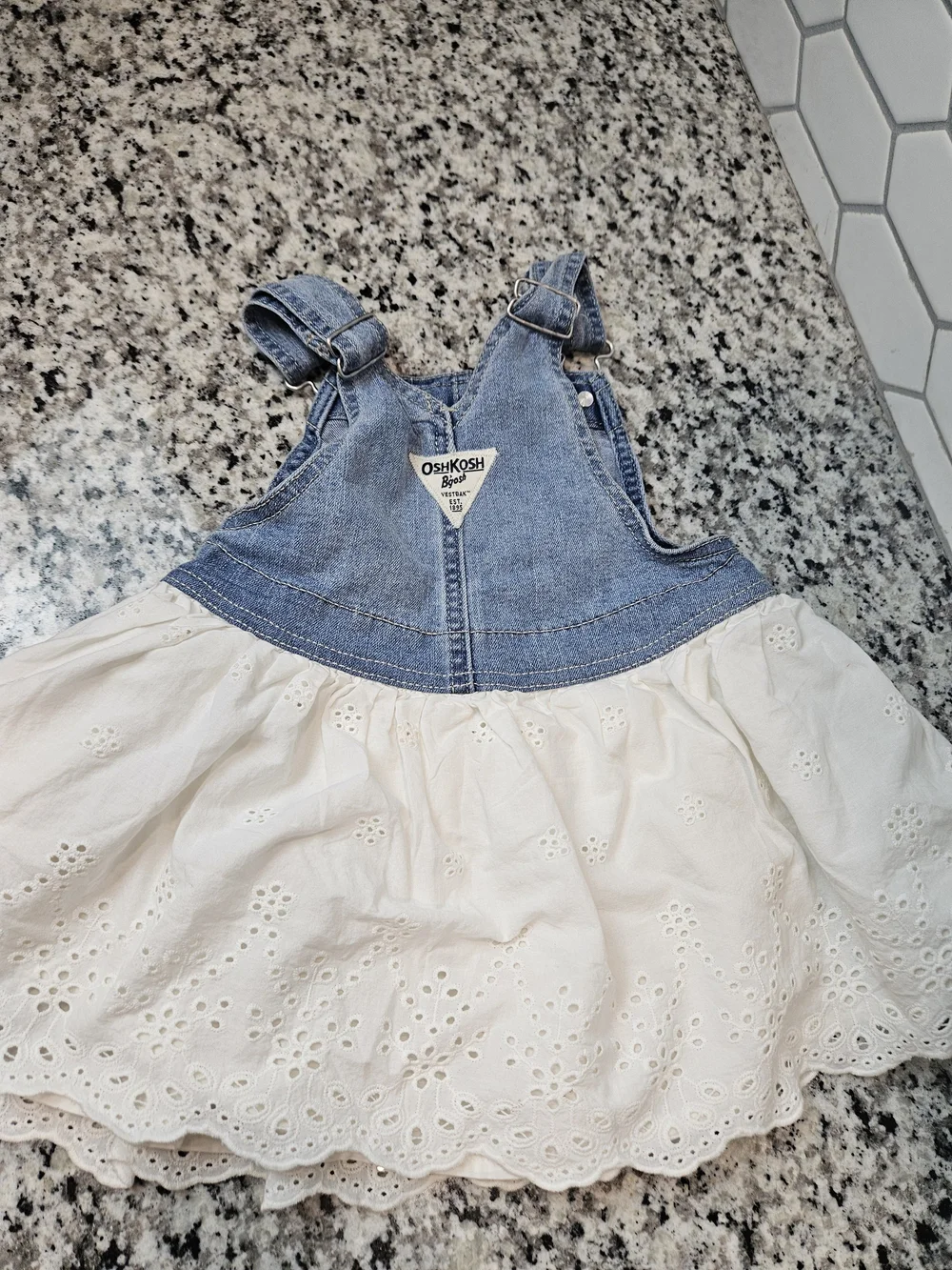 OshKosh B'gosh Blue Denim Overall Top with Cream Eyelet Skirt Dress 2T